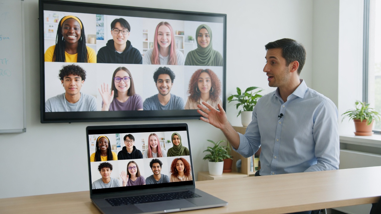 One teacher teaching a live online group class of students