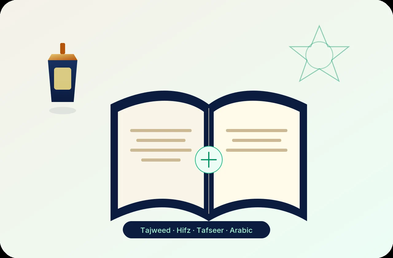 Quran track illustration with open mushaf, lantern and geometric star