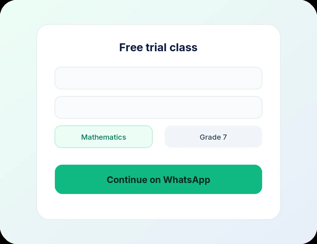 Trial booking card illustration with subject chips and a Continue on WhatsApp button