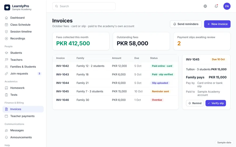 An academy invoice with a fee reminder on the LearnlyPro fees screen