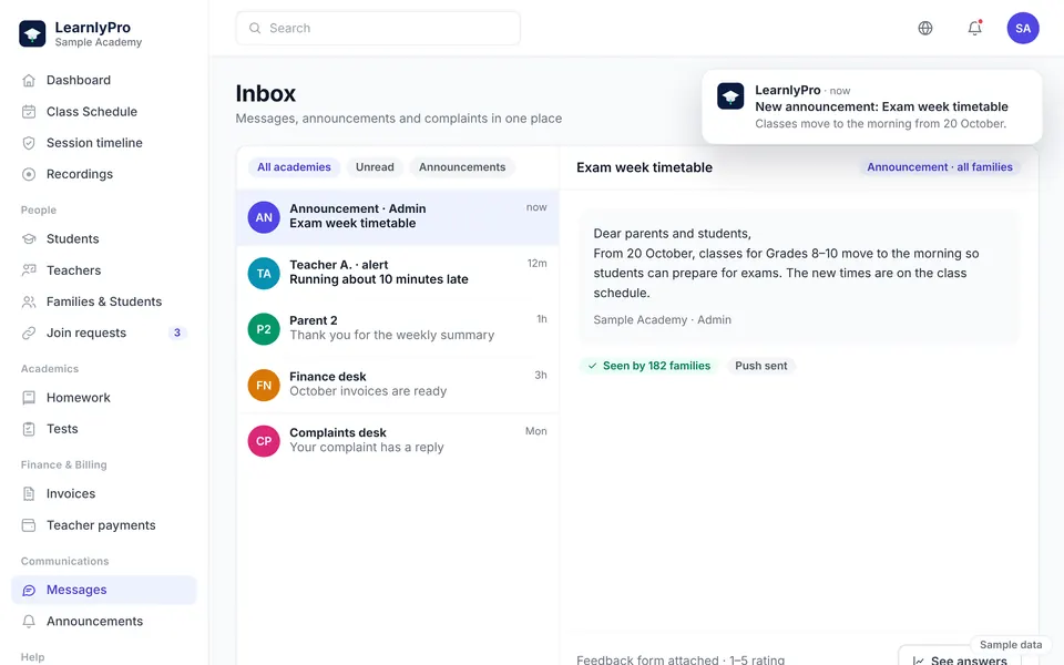 An academy announcement and a complaints desk inside LearnlyPro