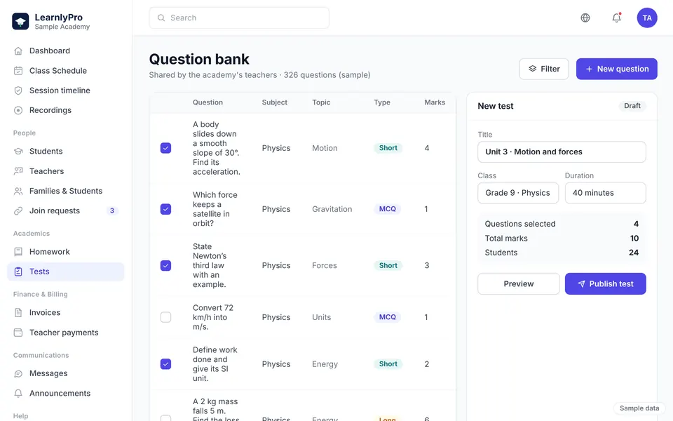 A teacher building a test from a question bank
