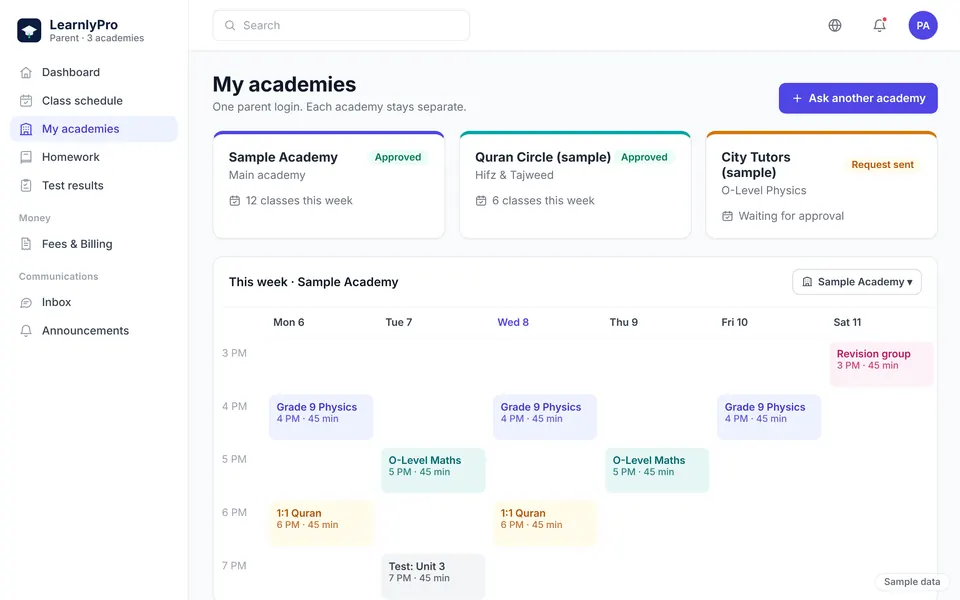 A parent switching between two academies in one LearnlyPro account