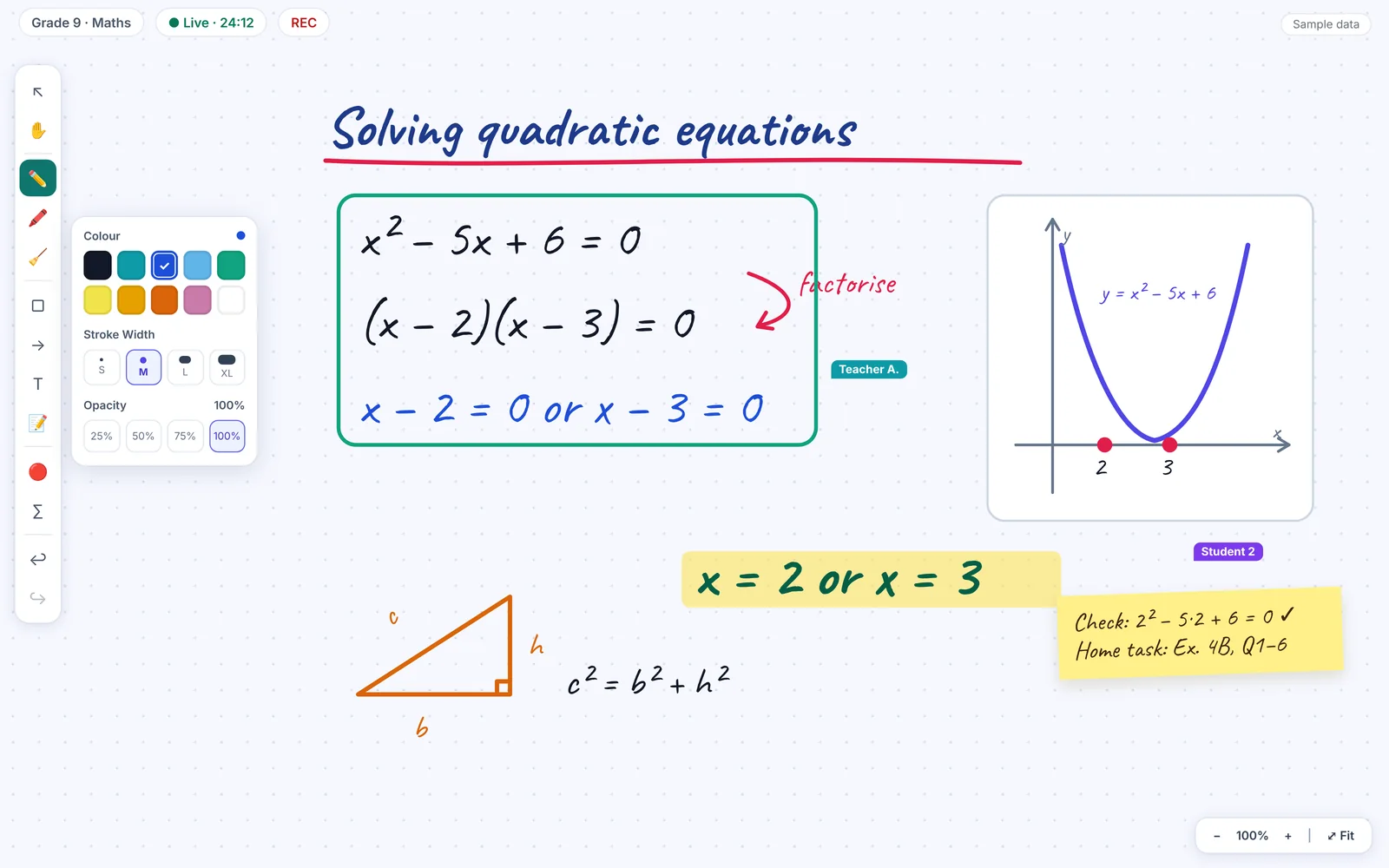Interactive live whiteboard with teaching tools