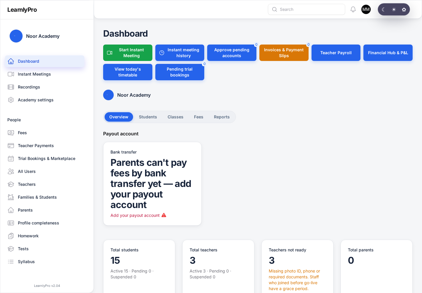 Academy dashboard showing analytics and management tabs
